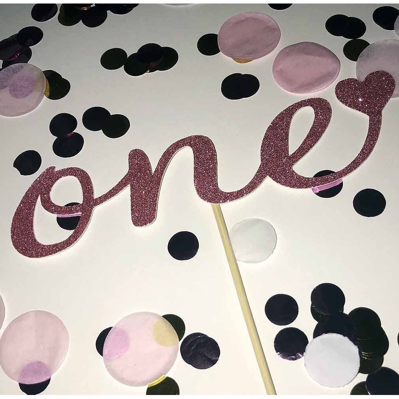 1st Birthday 'One' Glittered Cake Topper in Pink with heart