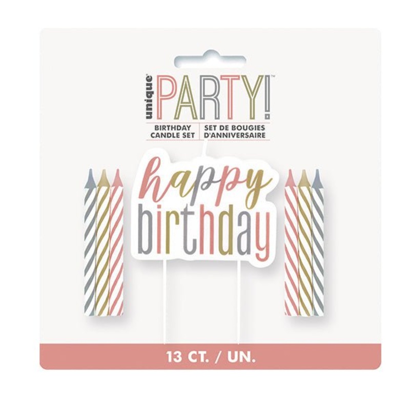 12 Spiral Candles With  Happy Birthday Cake Decoration - Rose Gold