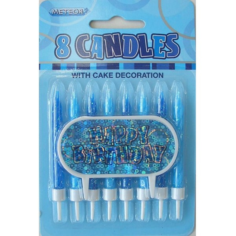 8pk Glitz Candle with Happy Birthday Cake Decoration - Blue