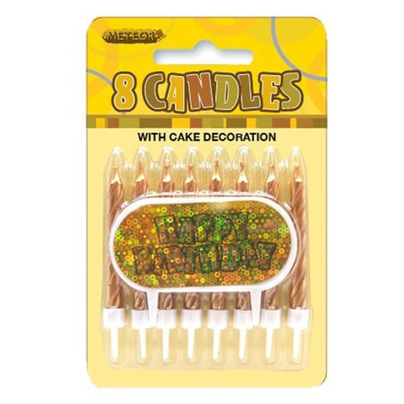 8pk Glitz Candle with Happy Birthday Cake Decoration - Gold