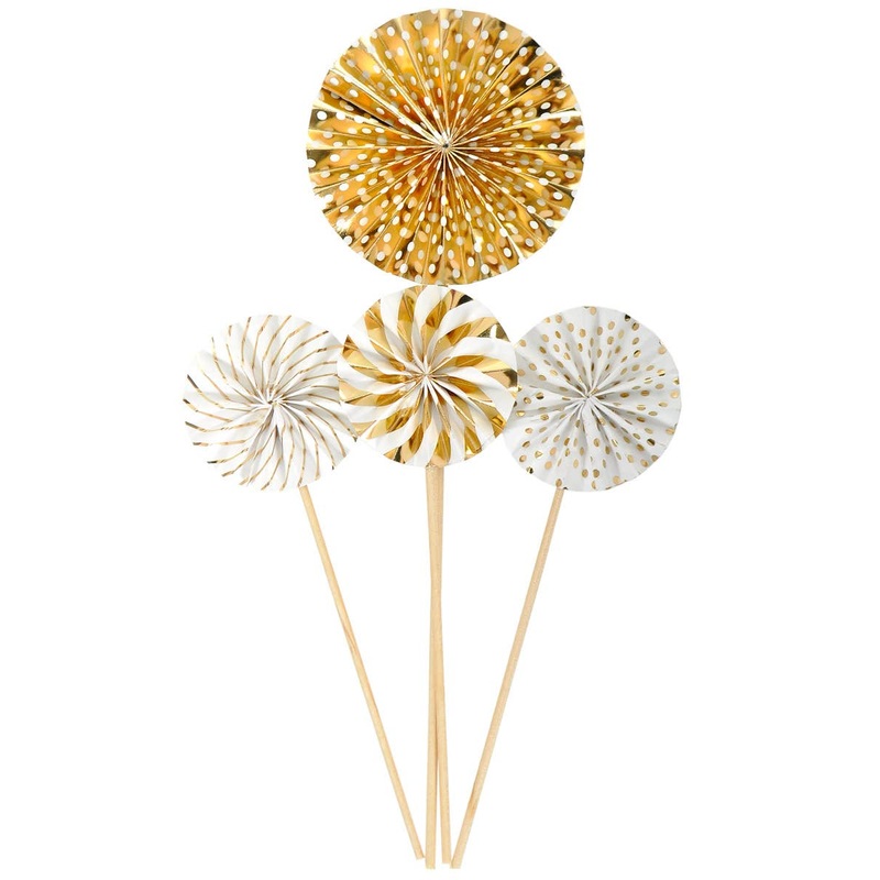 Gold and White 4 Pack Mini Fan Wheel Cake Decorations