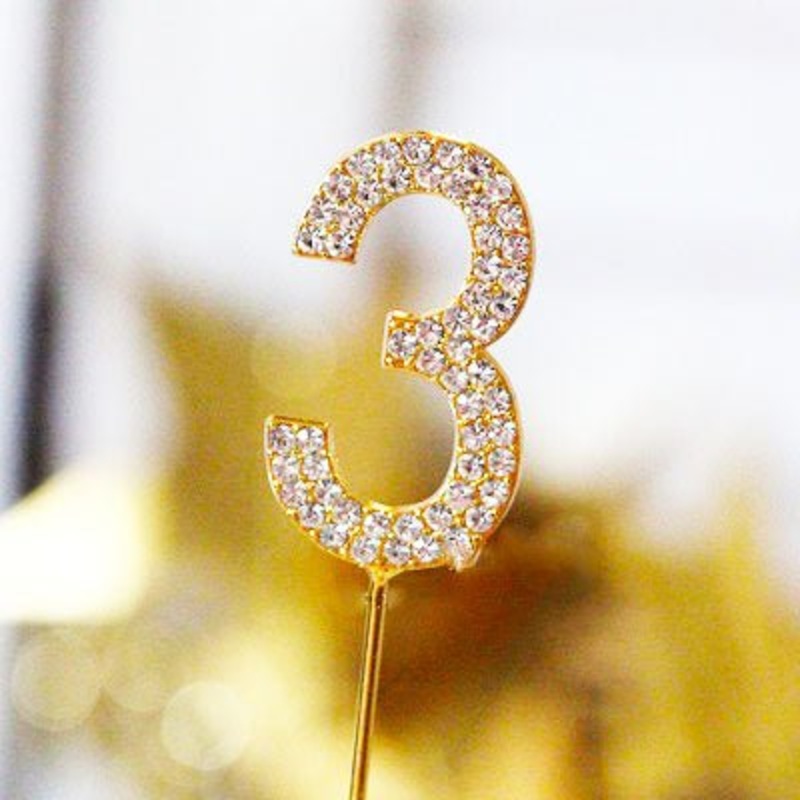 Metal Number Birthday Cake Topper with Crystal - Gold 3