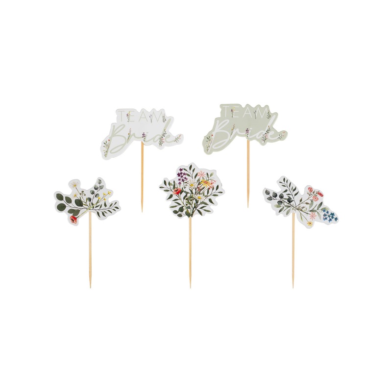 Team Bride Floral And Green 12 Pack Cupcake Toppers