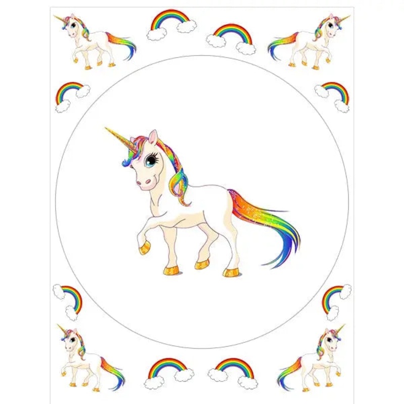 Rainbow Unicorn White Edible Cake Image with FREE Edible Icons