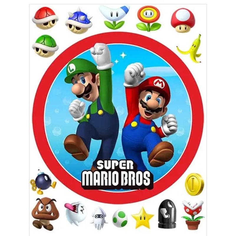 Super Mario Brothers Edible Cake Image with FREE Edible Icons