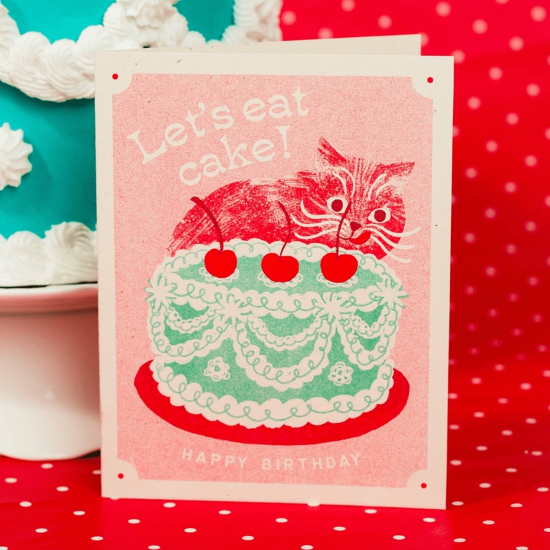 Let's Eat Cake Cat Risograph Birthday Card
