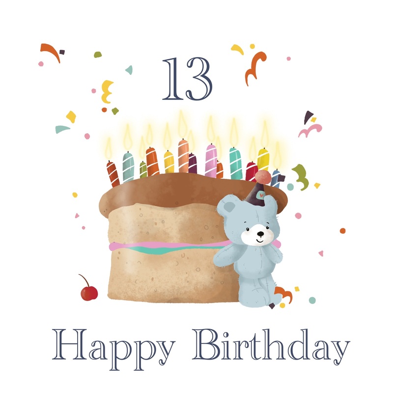 Happy 13th Birthday Cake And A Tiny Blue Bear Card