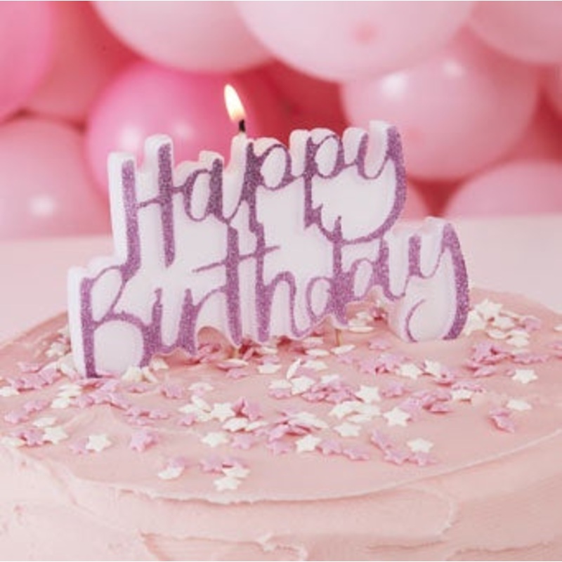 'Happy Birthday' Cake Candle - Pink Glitter
