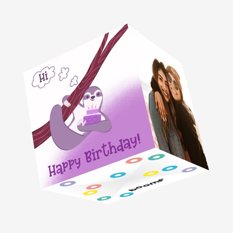 Happy Birthday Purple Sloth With A Cake Confetti-exploding Greetings Card