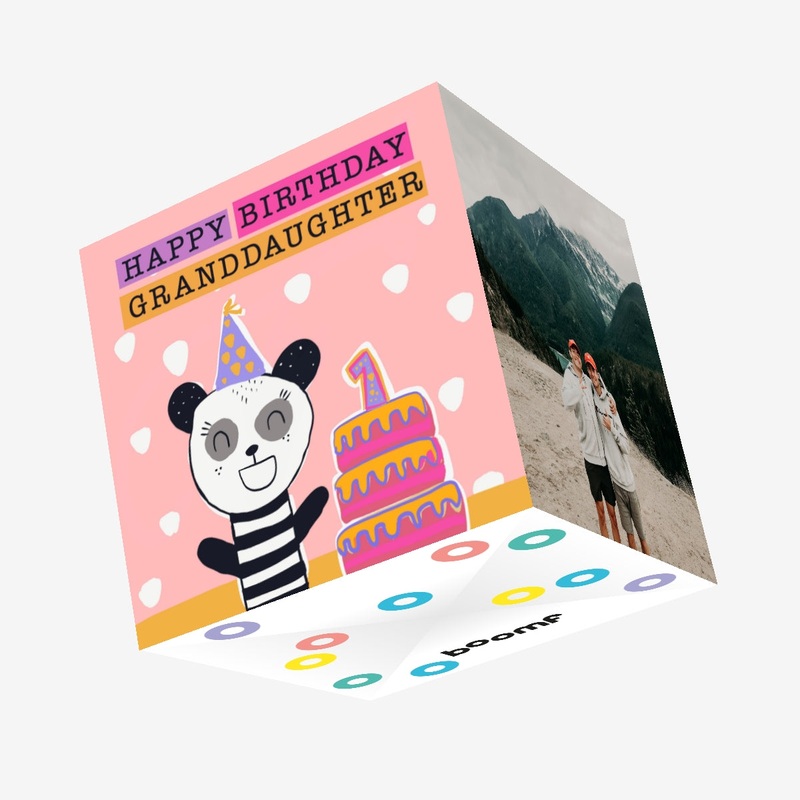 Happy 1st Birthday Granddaughter Cute Panda And A Cake Confetti-exploding Greetings Card