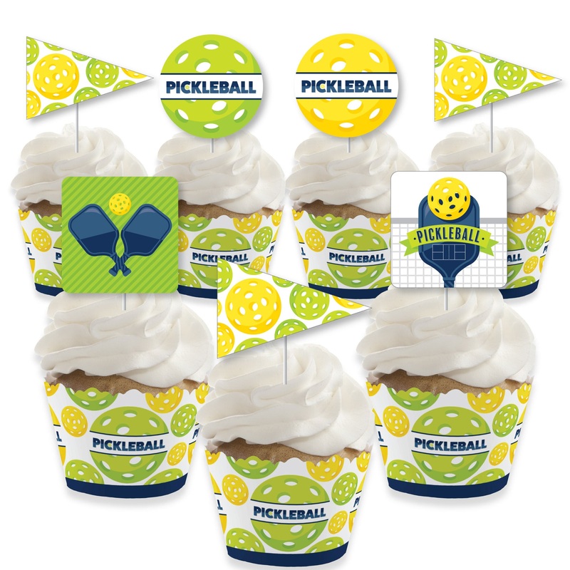 Let's Rally - Pickleball - Cupcake Decoration - Birthday or Retirement Party Cupcake Wrappers and Treat Picks Kit - Set of 24