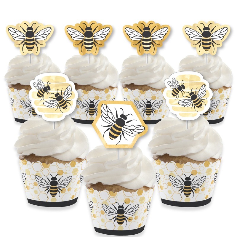Little Bumblebee - Cupcake Decoration - Bee Baby Shower or Birthday Party Cupcake Wrappers and Treat Picks Kit - Set of 24