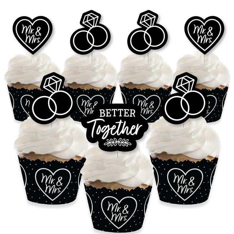 Mr. and Mrs. - Cupcake Decoration - Black and White Wedding or Bridal Shower Cupcake Wrappers and Treat Picks Kit - Set of 24