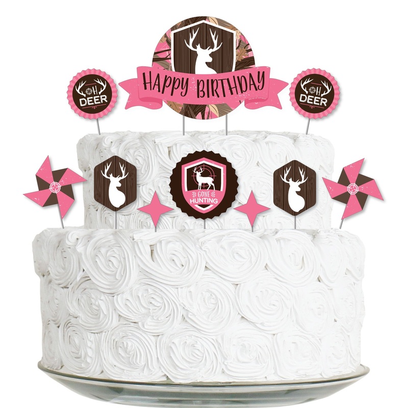 Pink Gone Hunting - Deer Hunting Girl Camo Birthday Party Cake Decorating Kit - Happy Birthday Cake Topper Set - 11 Pieces