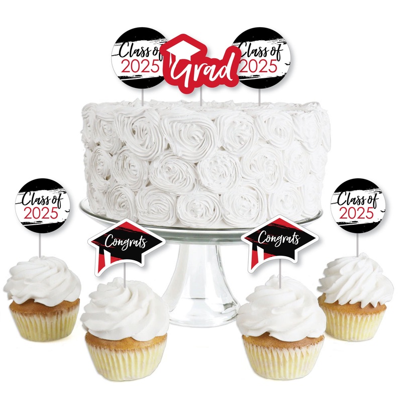 Red Grad - Best is Yet to Come - Dessert Cupcake Toppers - Red 2025 Graduation Party Clear Treat Picks - Set of 24