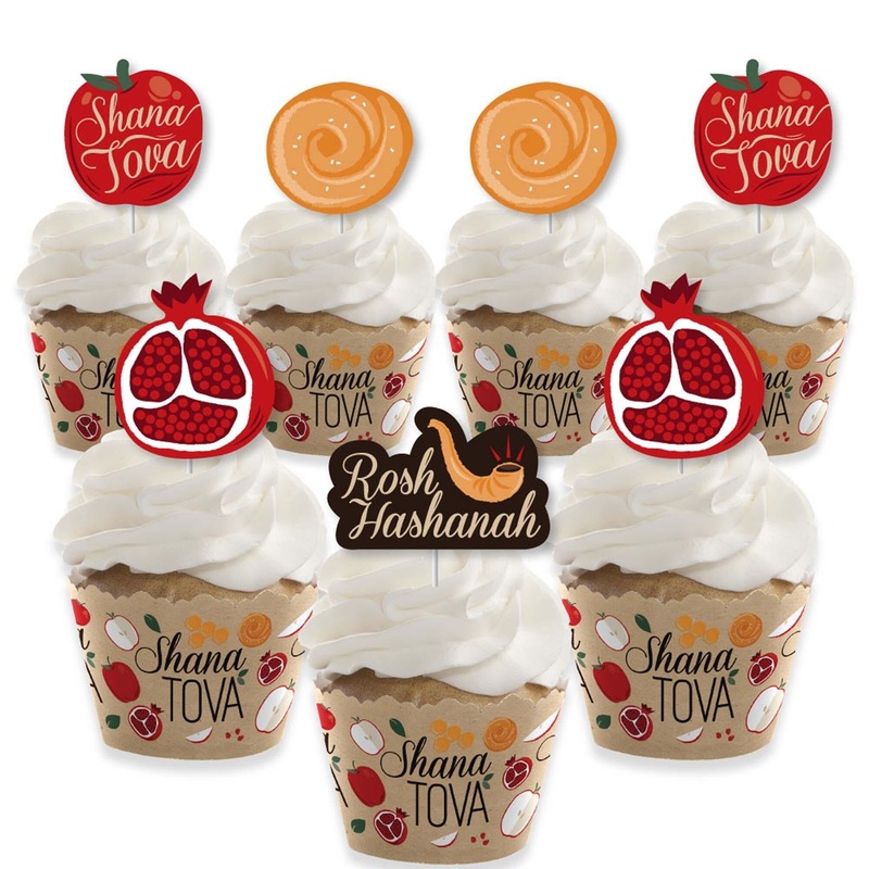 Rosh Hashanah - Cupcake Decoration - Jewish New Year Cupcake Wrappers and Treat Picks Kit - Set of 24