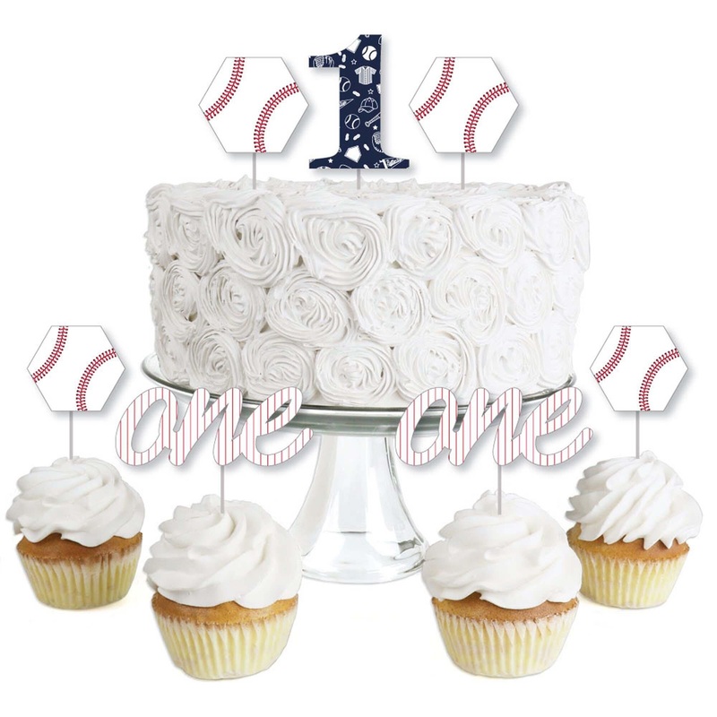1st Birthday Batter Up - Baseball - Dessert Cupcake Toppers - First Birthday Party Clear Treat Picks - Set of 24