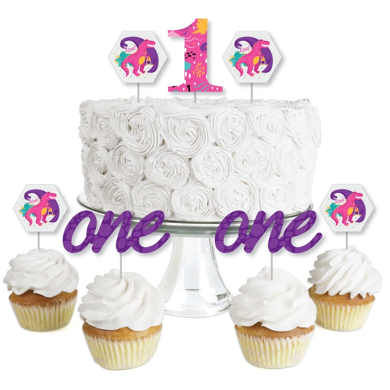 1st Birthday Roar Dinosaur Girl - Dessert Cupcake Toppers - ONEasaurus Dino First Birthday Party Clear Treat Picks - Set of 24