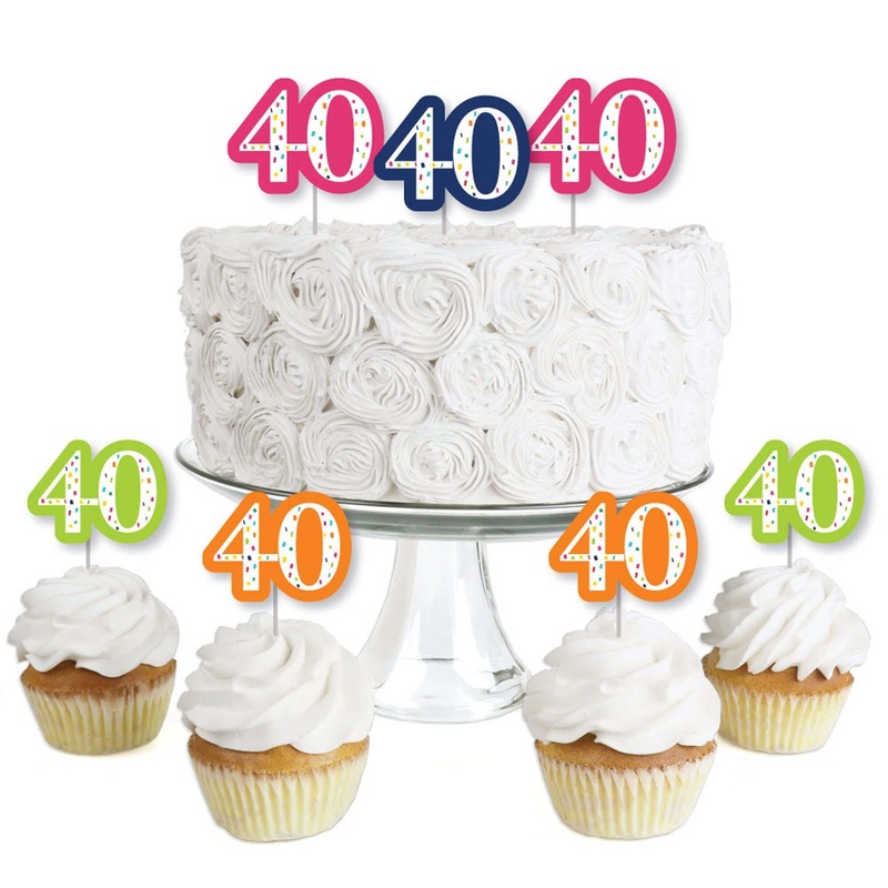 40th Birthday - Cheerful Happy Birthday - Dessert Cupcake Toppers - Colorful Fortieth Birthday Party Clear Treat Picks - Set of 24