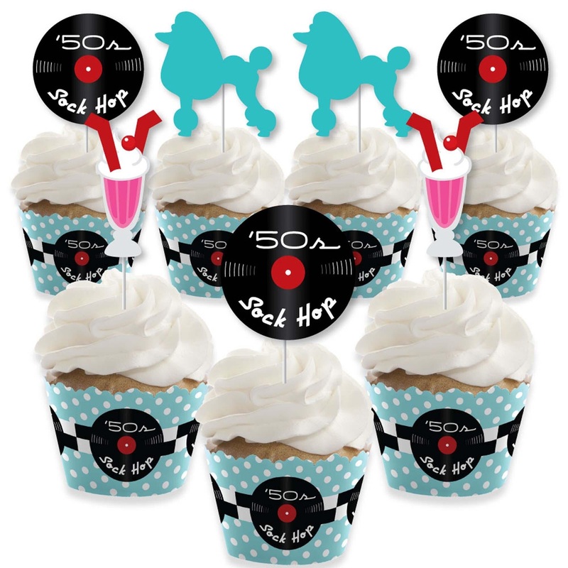 50's Sock Hop - Cupcake Decorations - 1950s Rock N Roll Party Cupcake Wrappers and Treat Picks Kit - Set of 24