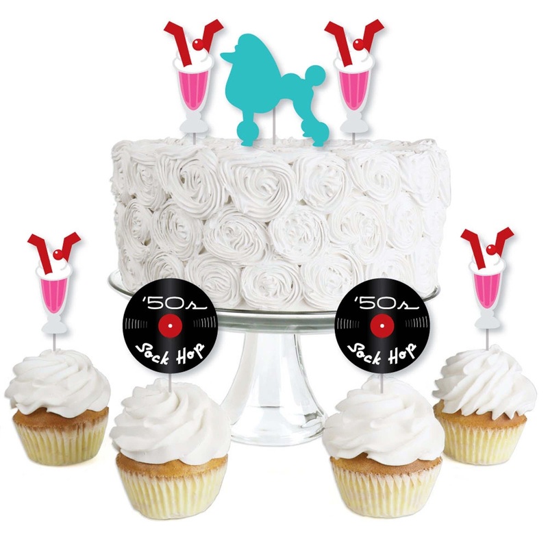 50's Sock Hop - Dessert Cupcake Toppers - 1950s Rock N Roll Party Clear Treat Picks - Set of 24