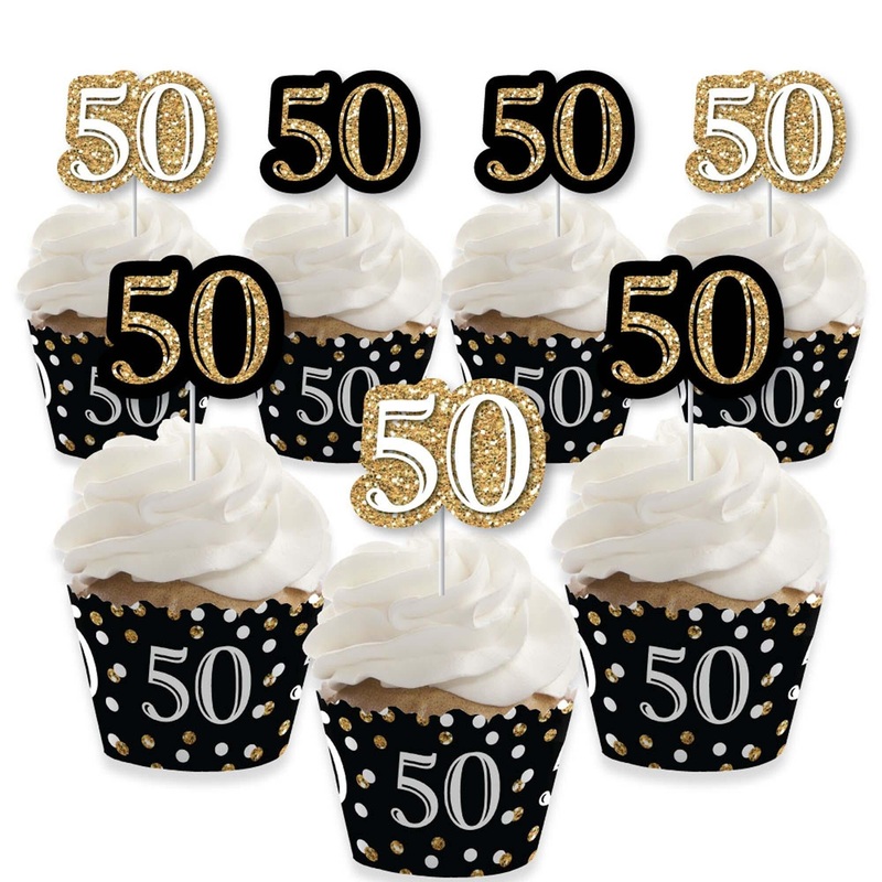 Adult 50th Birthday - Gold - Cupcake Decorations - Birthday Party Cupcake Wrappers and Treat Picks Kit - Set of 24