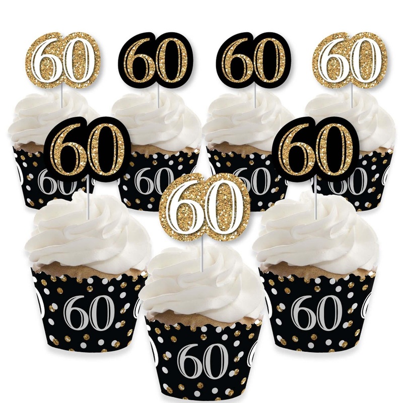Adult 60th Birthday - Gold - Cupcake Decorations - Birthday Party Cupcake Wrappers and Treat Picks Kit - Set of 24