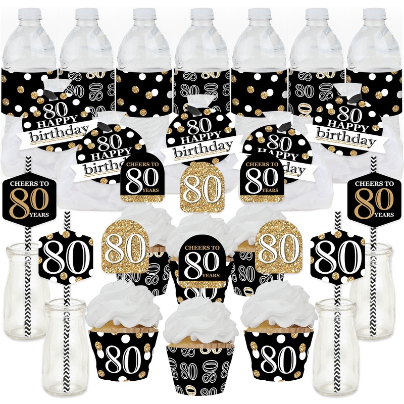 Adult 80th Birthday - Gold - Birthday Party Favors and Cupcake Kit - Fabulous Favor Party Pack - 100 Pieces