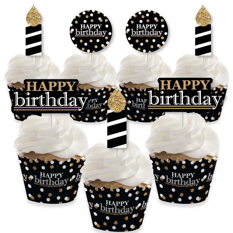 Adult Happy Birthday - Gold - Cupcake Decoration - Birthday Party Cupcake Wrappers and Treat Picks Kit - Set of 24