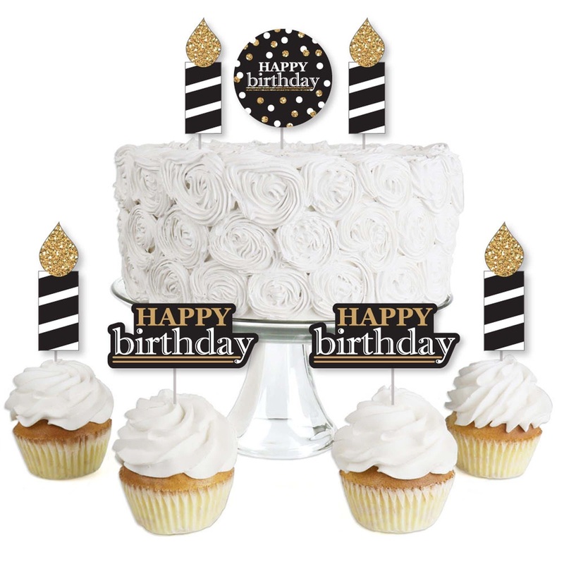 Adult Happy Birthday - Gold - Dessert Cupcake Toppers - Birthday Party Clear Treat Picks - Set of 24