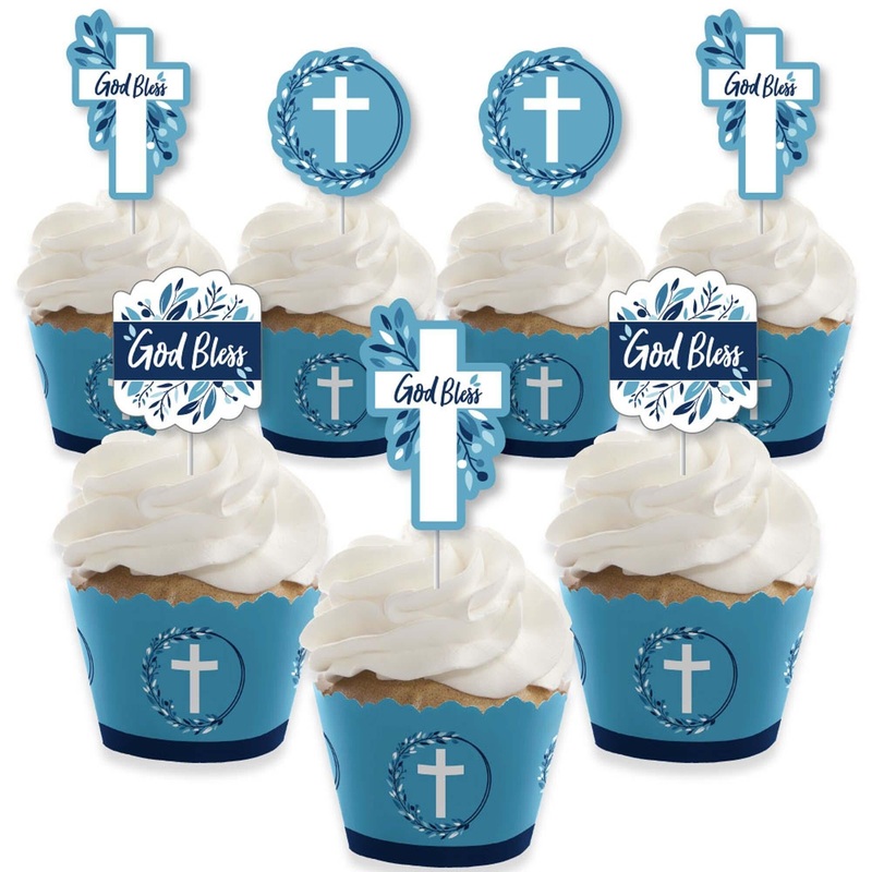 Blue Elegant Cross - Cupcake Decoration - Boy Religious Party Cupcake Wrappers and Treat Picks Kit - Set of 24