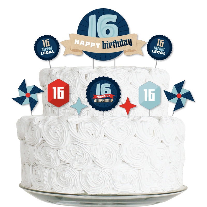 Boy 16th Birthday - Sweet Sixteen Birthday Party Cake Decorating Kit - Happy Birthday Cake Topper Set - 11 Pieces