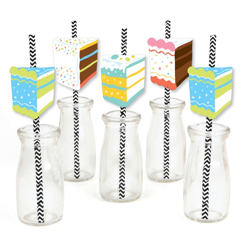Cake Time - Paper Straw Decor - Happy Birthday Party Striped Decorative Straws - Set of 24