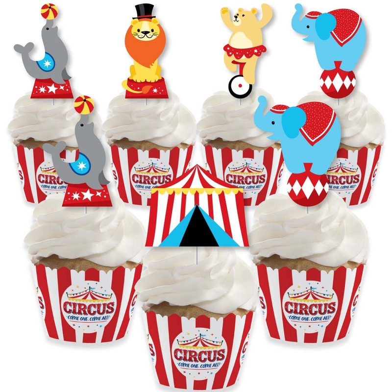 Carnival - Step Right Up Circus - Cupcake Decoration - Carnival Themed Party Cupcake Wrappers and Treat Picks Kit - Set of 24