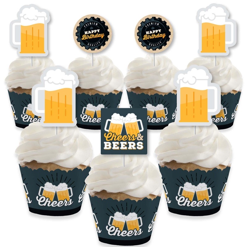 Cheers and Beers Happy Birthday - Cupcake Decoration - Birthday Party Cupcake Wrappers and Treat Picks Kit - Set of 24