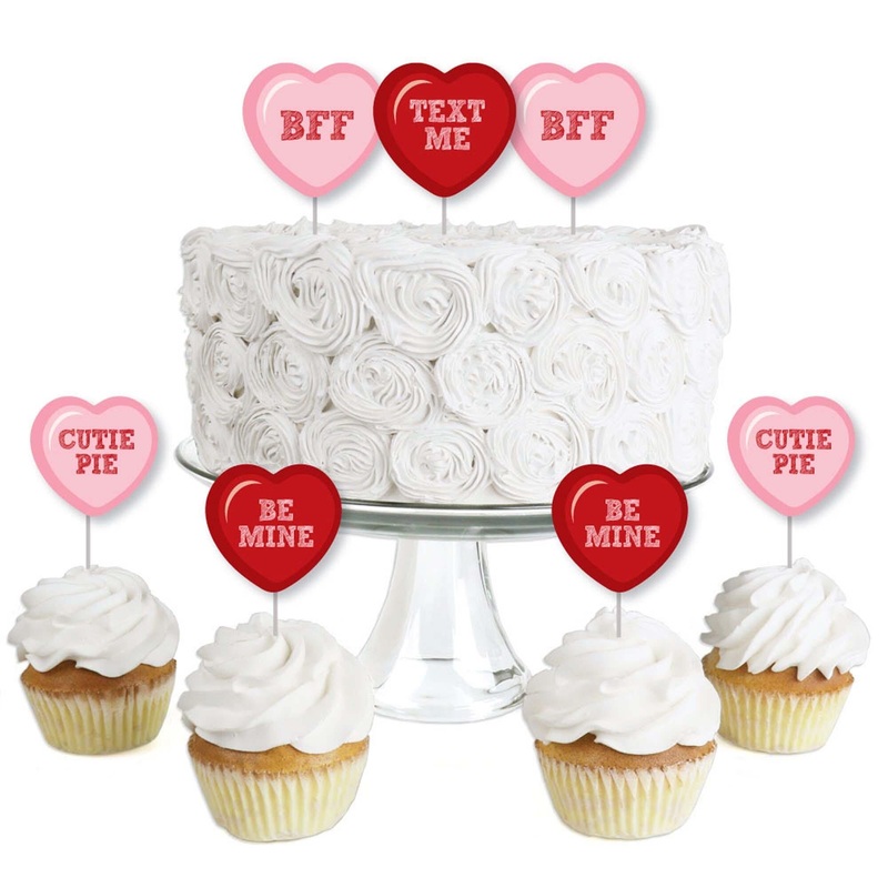Conversation Hearts - Dessert Cupcake Toppers - Valentine's Day Party Clear Treat Picks - Set of 24