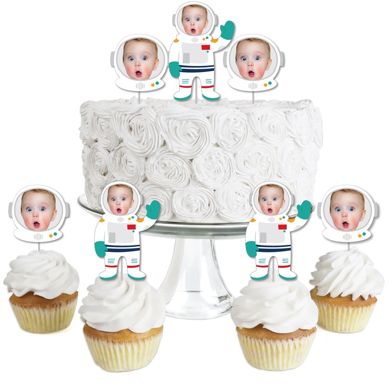 Custom Photo Blast Off to Outer Space - Rocket Ship Birthday Party Dessert Cupcake Toppers - Fun Face Clear Treat Picks - Set of 24