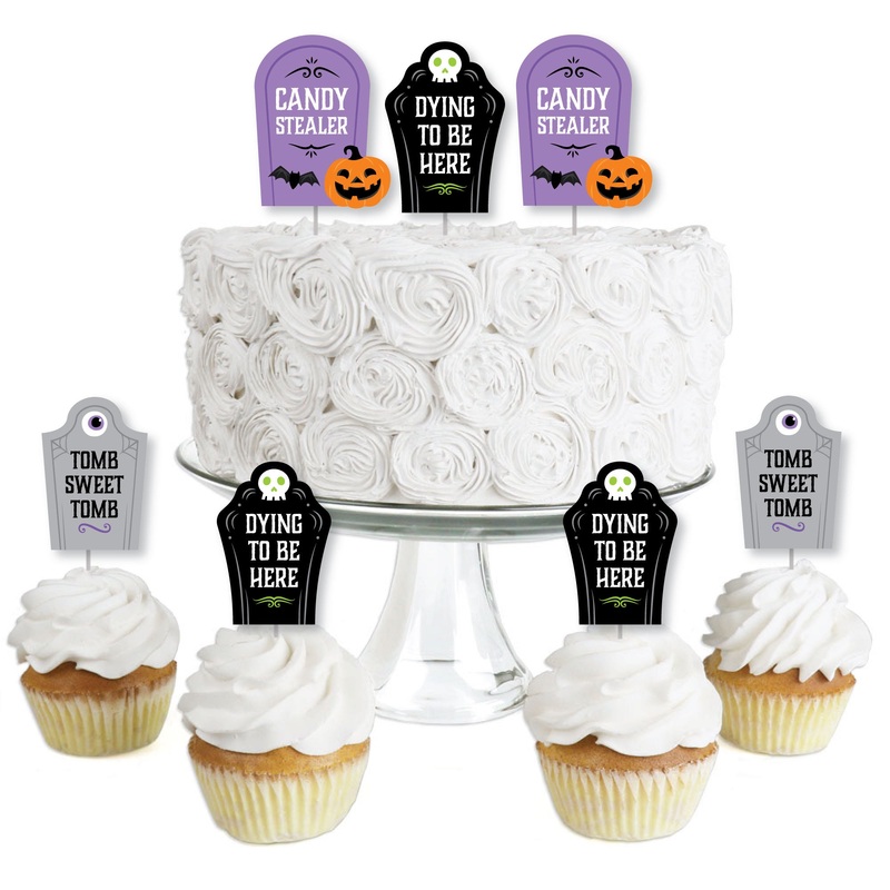 Cute and Colorful Tombstones - Dessert Cupcake Toppers - Kids Halloween Party Clear Treat Picks - Set of 24