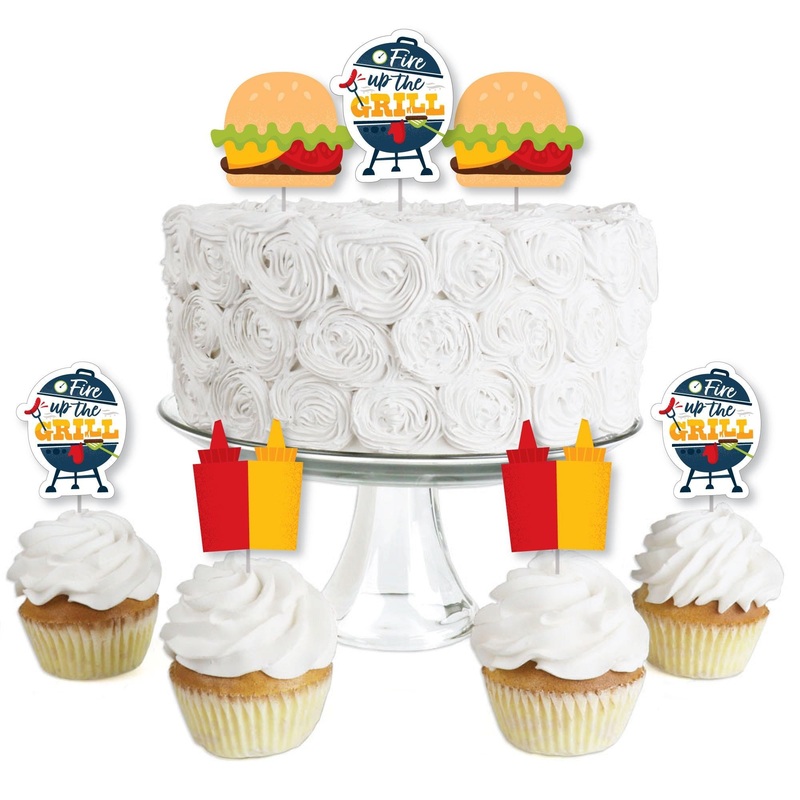 Fire Up the Grill - Dessert Cupcake Toppers - Summer BBQ Picnic Party Clear Treat Picks - Set of 24