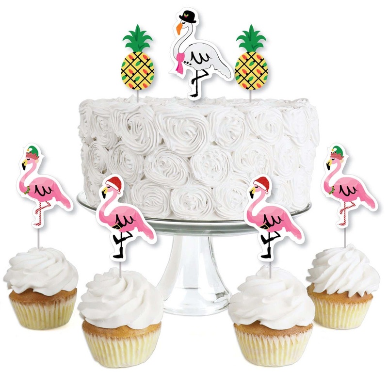 Flamingle Bells - Dessert Cupcake Toppers - Tropical Christmas Clear Treat Picks - Set of 24