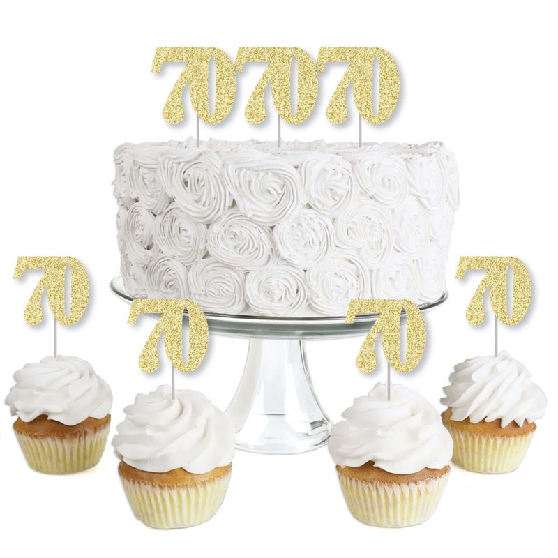 Gold Glitter 70 - No-Mess Real Gold Glitter Dessert Cupcake Toppers - 70th Birthday Party Clear Treat Picks - Set of 24
