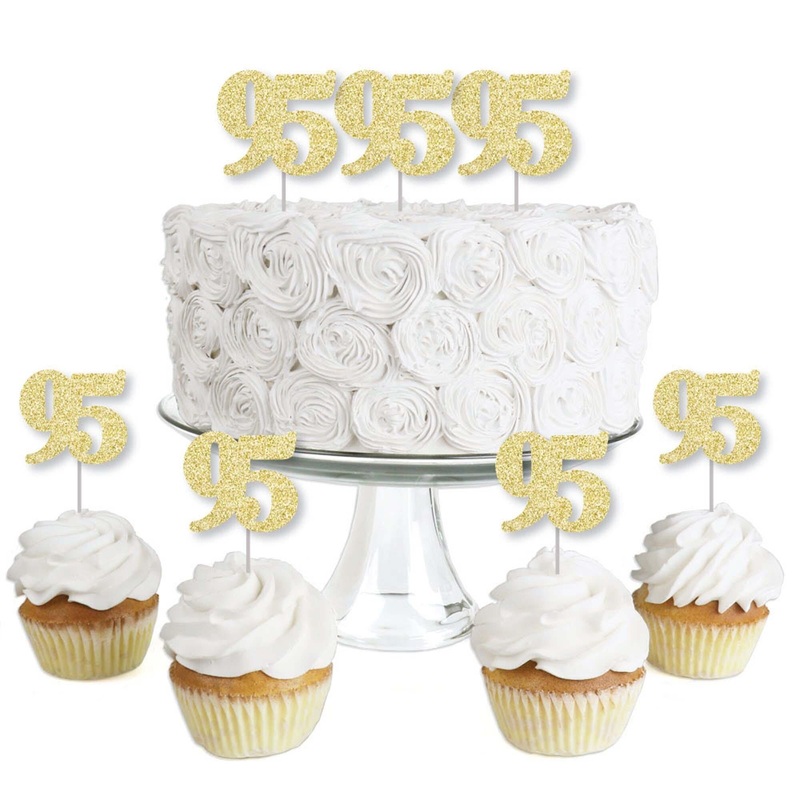 Gold Glitter 95 - No-Mess Real Gold Glitter Dessert Cupcake Toppers - 95th Birthday Party Clear Treat Picks - Set of 24