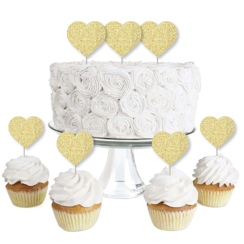 Gold Glitter Heart - No-Mess Real Gold Glitter Dessert Cupcake Toppers - Conversation Hearts Valentine's Day Party Clear Treat Picks - Set of 24