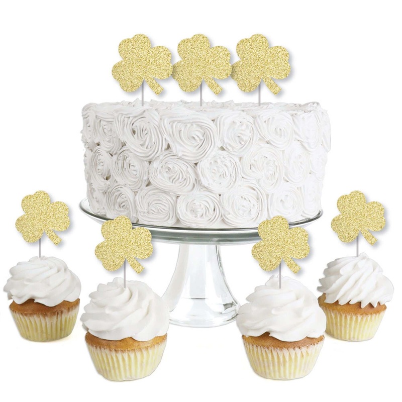 Gold Glitter Shamrock - No-Mess Real Gold Glitter Dessert Cupcake Toppers - St. Patrick's Day Party Clear Treat Picks - Set of 24
