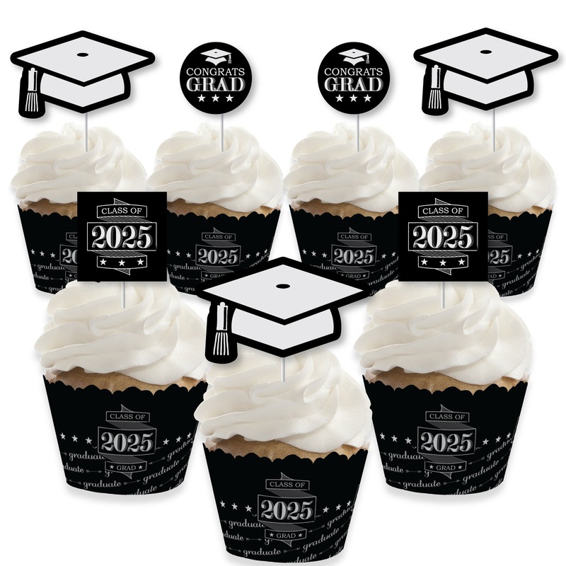 Graduation Cheers - Cupcake Decoration - 2025 Graduation Party Cupcake Wrappers and Treat Picks Kit - Set of 24