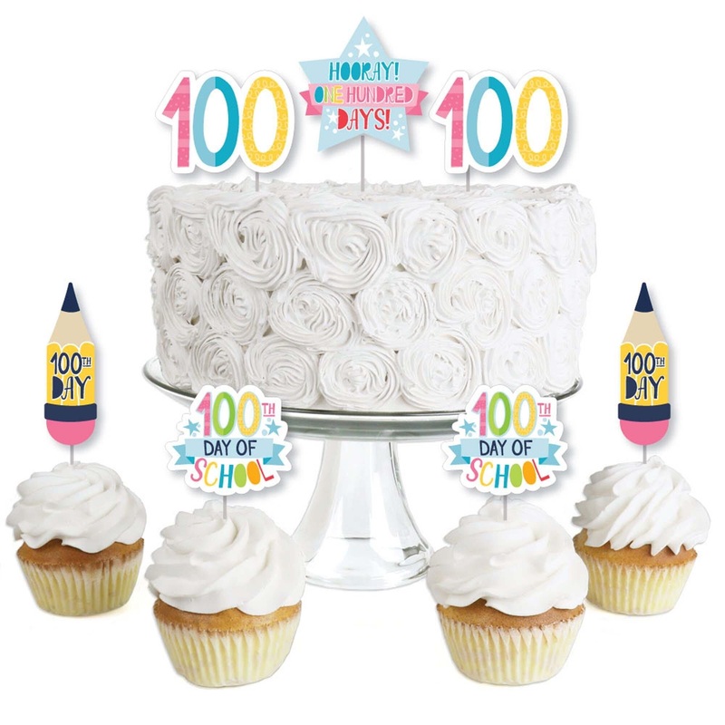 Happy 100th Day of School - Dessert Cupcake Toppers - 100 Days Party Clear Treat Picks - Set of 24