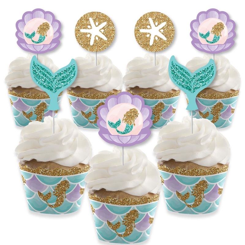 Let's Be Mermaids - Cupcake Decorations - Baby Shower or Birthday Party Cupcake Wrappers and Treat Picks Kit - Set of 24