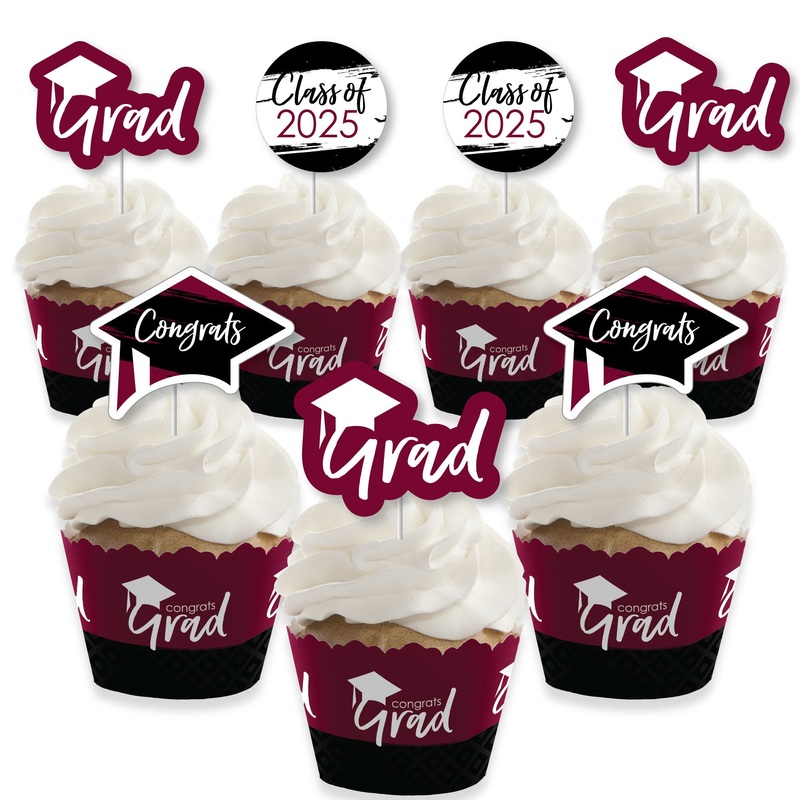 Maroon Grad - Best is Yet to Come - Cupcake Decoration - 2025 Burgundy Graduation Party Cupcake Wrappers and Treat Picks Kit - Set of 24