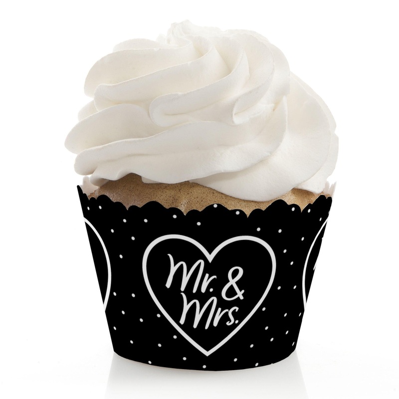 Mr. and Mrs. - Black and White Wedding or Bridal Shower Decorations - Party Cupcake Wrappers - Set of 12