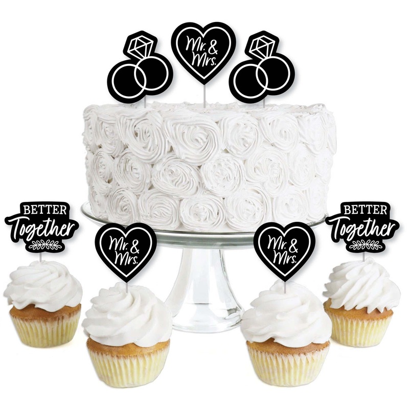 Mr. and Mrs. - Dessert Cupcake Toppers - Black and White Wedding or Bridal Shower Clear Treat Picks - Set of 24